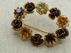 Vintage Austria Crystal Oval Brooch, Rose Blossoms, 1940's-1960's.