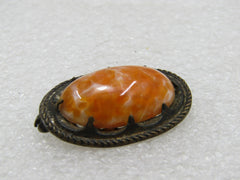 Vintage Orange & White Czech Glass Brooch, 1930's, C-Clasp, 1.25" by 3/4" oval