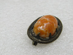 Vintage Orange & White Czech Glass Brooch, 1930's, C-Clasp, 1.25" by 3/4" oval