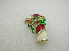 Vintage Christmas Enameled Rhinestone Candy Cane Brooch