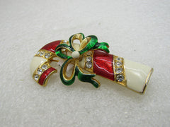 Vintage Christmas Enameled Rhinestone Candy Cane Brooch