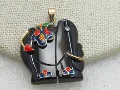 Vintage Onyx Carved  Elephant Cloisonne Pendant, CZ Eye, 10kt GF