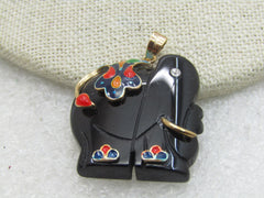 Vintage Onyx Carved  Elephant Cloisonne Pendant, CZ Eye, 10kt GF