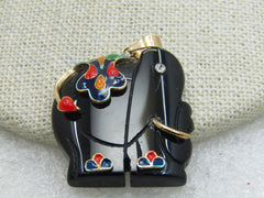 Vintage Onyx Carved  Elephant Cloisonne Pendant, CZ Eye, 10kt GF
