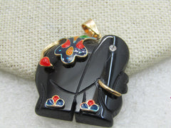 Vintage Onyx Carved  Elephant Cloisonne Pendant, CZ Eye, 10kt GF
