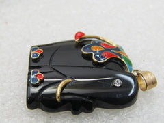 Vintage Onyx Carved  Elephant Cloisonne Pendant, CZ Eye, 10kt GF