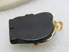 Vintage Onyx Carved  Elephant Cloisonne Pendant, CZ Eye, 10kt GF