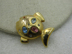Vintage Pastel Rhinestone Fish Brooch, Gold Tone, 1-3/8"