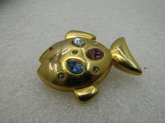 Vintage Pastel Rhinestone Fish Brooch, Gold Tone, 1-3/8"