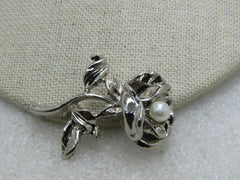 Vintage Rose Brooch with Faux Pearl,  1.75"