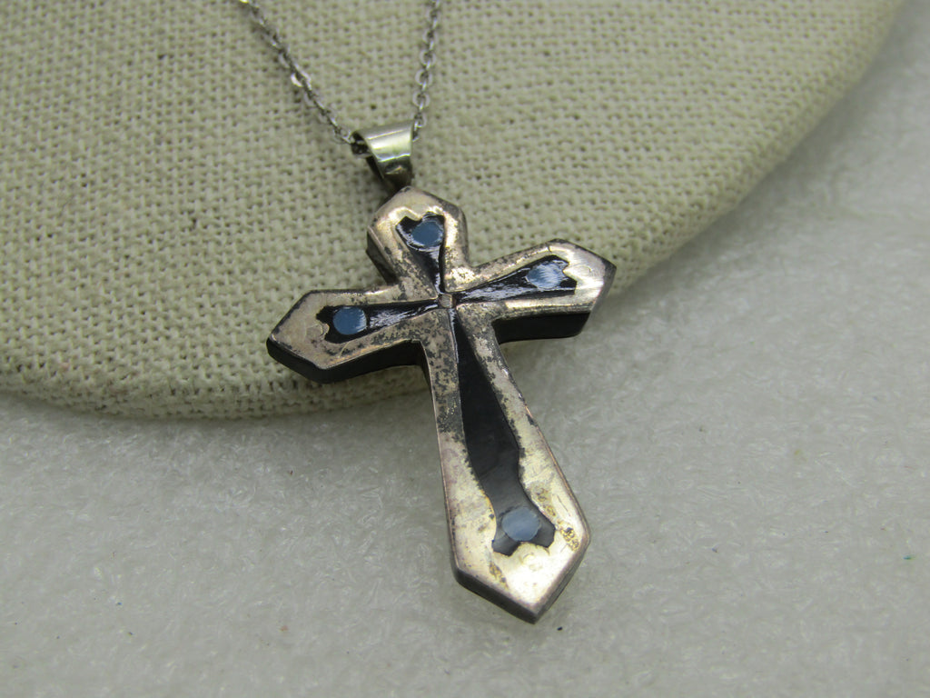 Vintage Sterling Silver Inlaid Cross Necklace, 17.5", Mexico