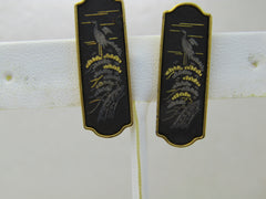 Vintage Damascene Japanese  Bird Scene Earrings, Signed Amita