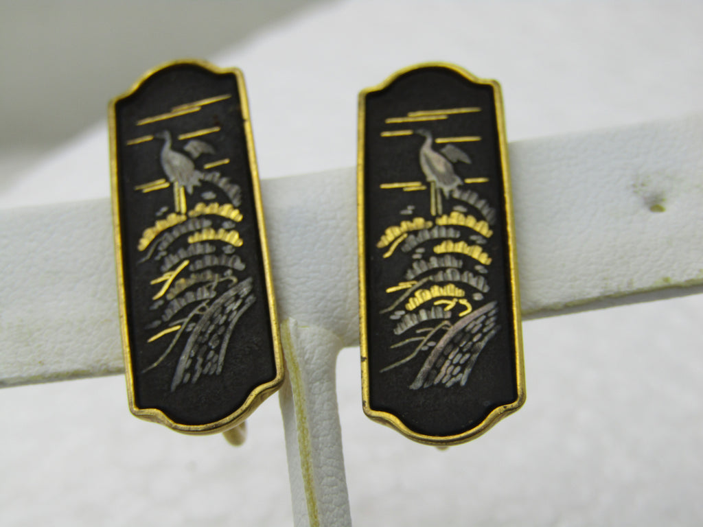 Vintage Damascene Japanese  Bird Scene Earrings, Signed Amita