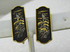 Vintage Damascene Japanese  Bird Scene Earrings, Signed Amita