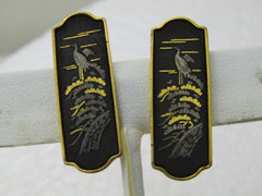 Vintage Damascene Japanese  Bird Scene Earrings, Signed Amita