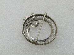 Early 1900's 14kt Filigree Diamond Brooch, Circle with Bow, 1"