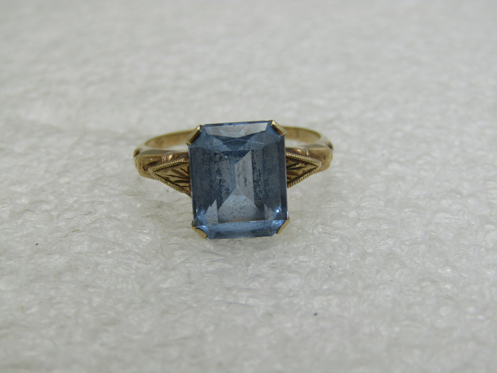 Vintage 10kt Blue Topaz Princess Cut Ring, Art Deco, Sz. 7, 3CTW