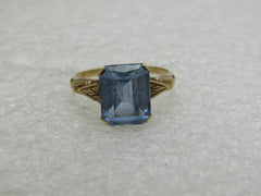 Vintage 10kt Blue Topaz Princess Cut Ring, Art Deco, Sz. 7, 3CTW