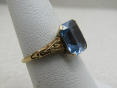 Vintage 10kt Blue Topaz Princess Cut Ring, Art Deco, Sz. 7, 3CTW