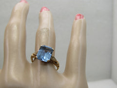 Vintage 10kt Blue Topaz Princess Cut Ring, Art Deco, Sz. 7, 3CTW