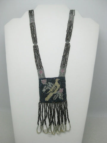 1920's Seed Beaded Flapper Necklace, Bird & Floral Necklace, 32", 4" Looped Dangle