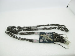 1920's Seed Beaded Flapper Necklace, Bird & Floral Necklace, 32", 4" Looped Dangle