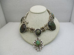 Vintage Southwestern Sterling Turquoise Squash Blossom-like Necklace, 17" (WB)