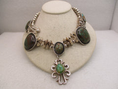 Vintage Southwestern Sterling Turquoise Squash Blossom-like Necklace, 17" (WB)