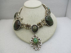 Vintage Southwestern Sterling Turquoise Squash Blossom-like Necklace, 17" (WB)