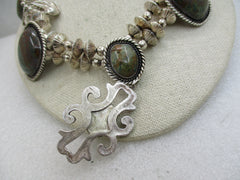 Vintage Southwestern Sterling Turquoise Squash Blossom-like Necklace, 17" (WB)