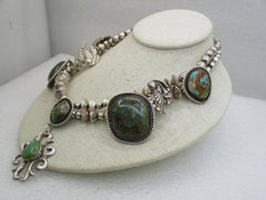 Vintage Southwestern Sterling Turquoise Squash Blossom-like Necklace, 17" (WB)