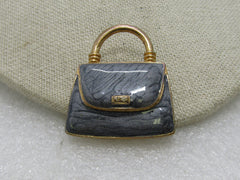 Vintage Gray Enameled Purse Brooch, 1980's, Gold Tone, 1-3.8" wide