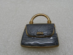 Vintage Gray Enameled Purse Brooch, 1980's, Gold Tone, 1-3.8" wide