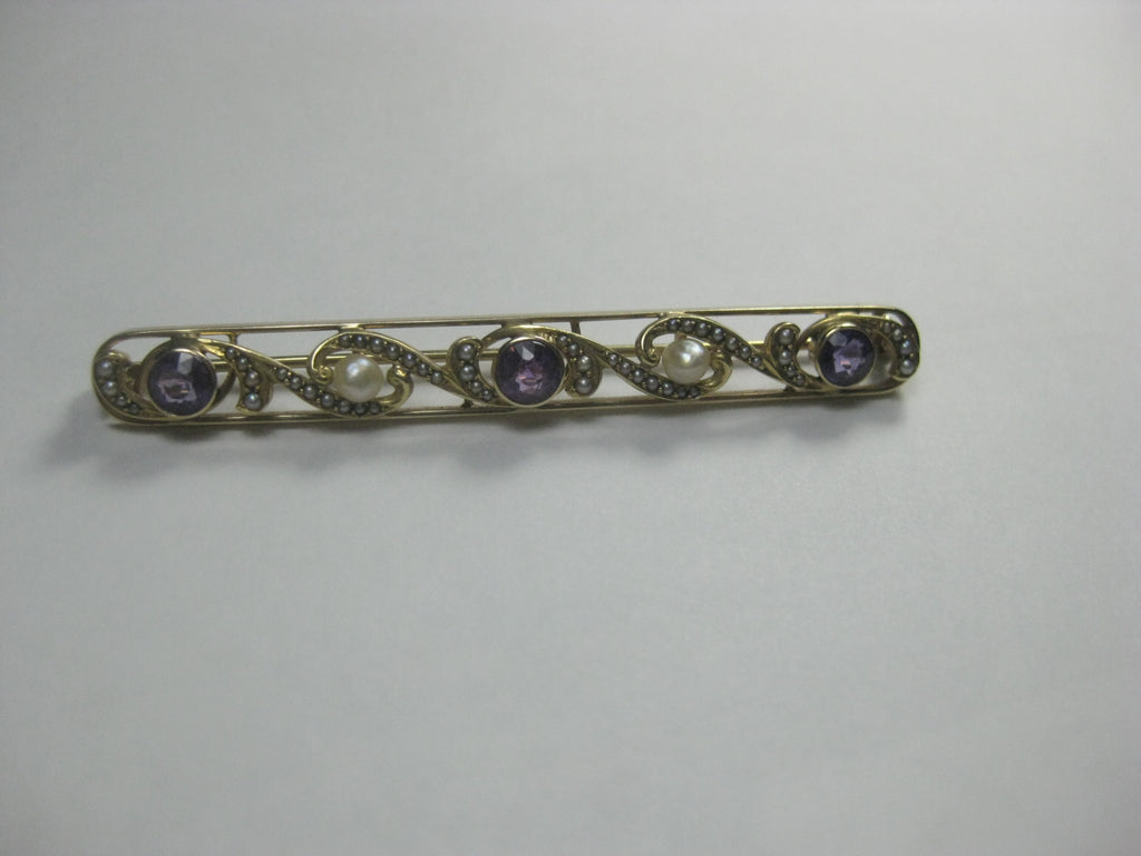 Edwardian 14kt Amethyst & Seed Pearl Brooch