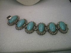 Vintage Silver Tone Chunky Faux Turquoise Bracelet, 7.5"