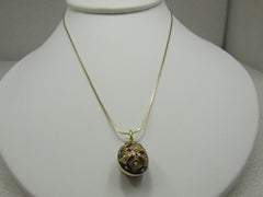 Vintage 14kt Gold Red White Guilloche Egg Necklace, 16"