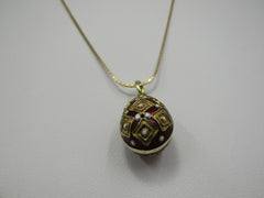 Vintage 14kt Gold Red White Guilloche Egg Necklace, 16"