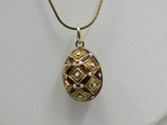 Vintage 14kt Gold Red White Guilloche Egg Necklace, 16"