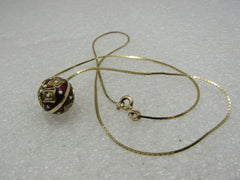 Vintage 14kt Gold Red White Guilloche Egg Necklace, 16"
