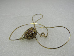 Vintage 14kt Gold Red White Guilloche Egg Necklace, 16"