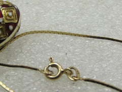 Vintage 14kt Gold Red White Guilloche Egg Necklace, 16"