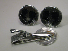 Vintage Silver Tone Silhouette Cuff Link and Tie Clasp Set, 1970's