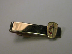 Vintage Gold Tone  Cross and Red Enamel Flame Methodist Tie Clasp, signed Robbins Co., Attleboro, 1.5"
