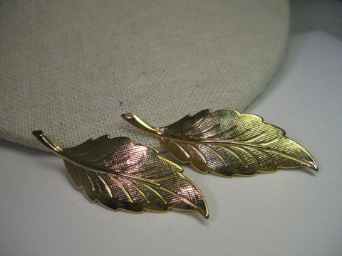 Vintage Gold Tone Leaf Earrings, Pierced, 2" long, textured and shiny surfaces