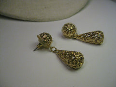Vintage Gold tone earrings, filigree stud and dangle pierced.