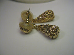 Vintage Gold tone earrings, filigree stud and dangle pierced.