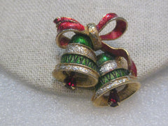 Vintage Gold Tone Christmas Bells Brooch,  1960's, Red & Green Enameling, Rhinestone Clappers