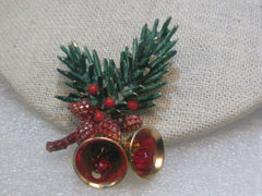 Vintage Gold Tone Green Enameled Pine Branch & Bells Christmas Brooch, Pine Cones  by ART, 1960's