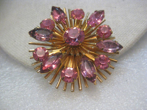Vintage Gold Tone  Pink Rhinestone 1940's Tiered Brooch/Pendant, 2"
