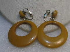 Butterscotch Bakelite Hoop Clip Earrings, 1940's, Stud and Dangle,  2-1/8"